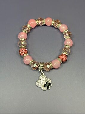 Trendy Pink Glass Beaded Charm Bracelet with Crystal Clover Charm